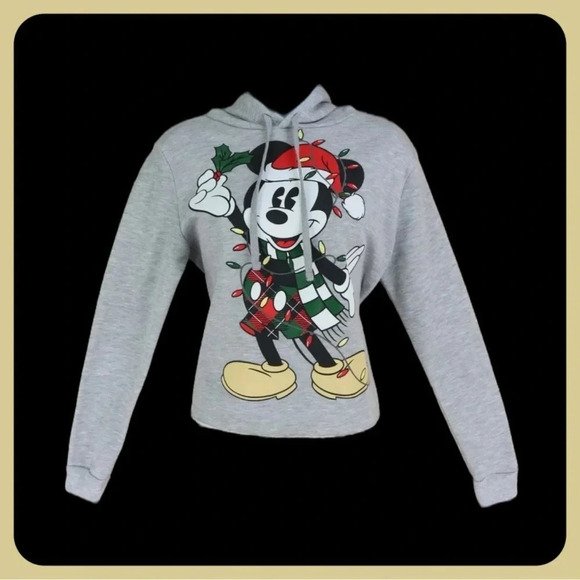 Disney Christmas Mickey Mouse Cropped Sweatshirt Hoodie Womens Size XS Gray WDW - Picture 1 of 4